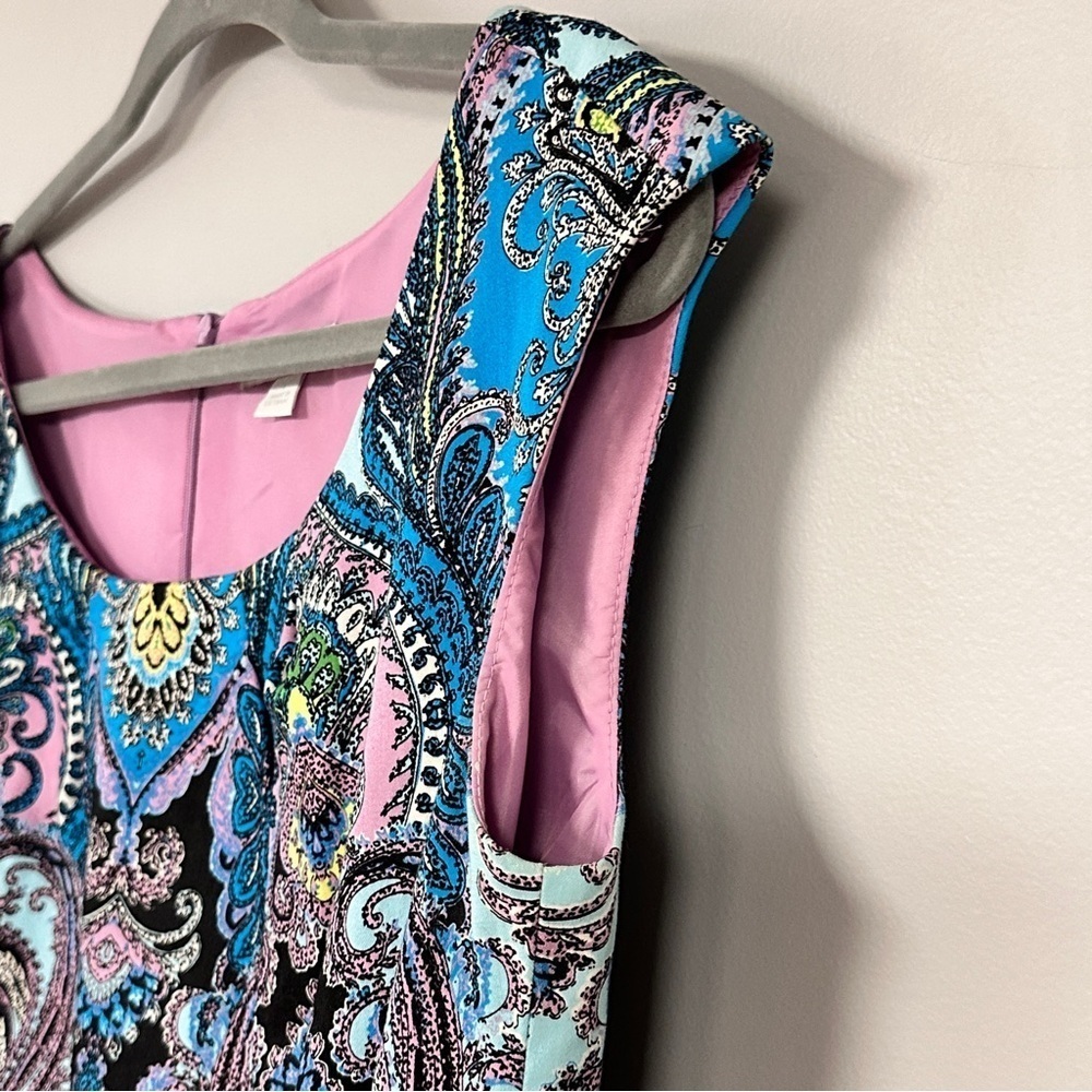 New York & Company Super Cute Art Deco Blues & Pinks Sheath Dress Size 8 - Picture 9 of 12